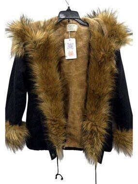 AOFUR Women's Black Jacket With Faux Fur Trimmed Hood & Cuffs Size XL